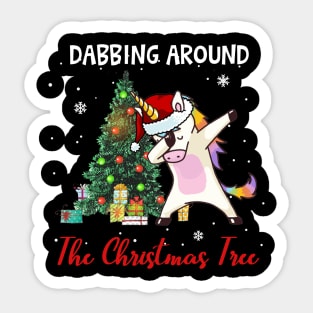 Dabbing Unicorn Around The Christmas Tree Funny Sticker